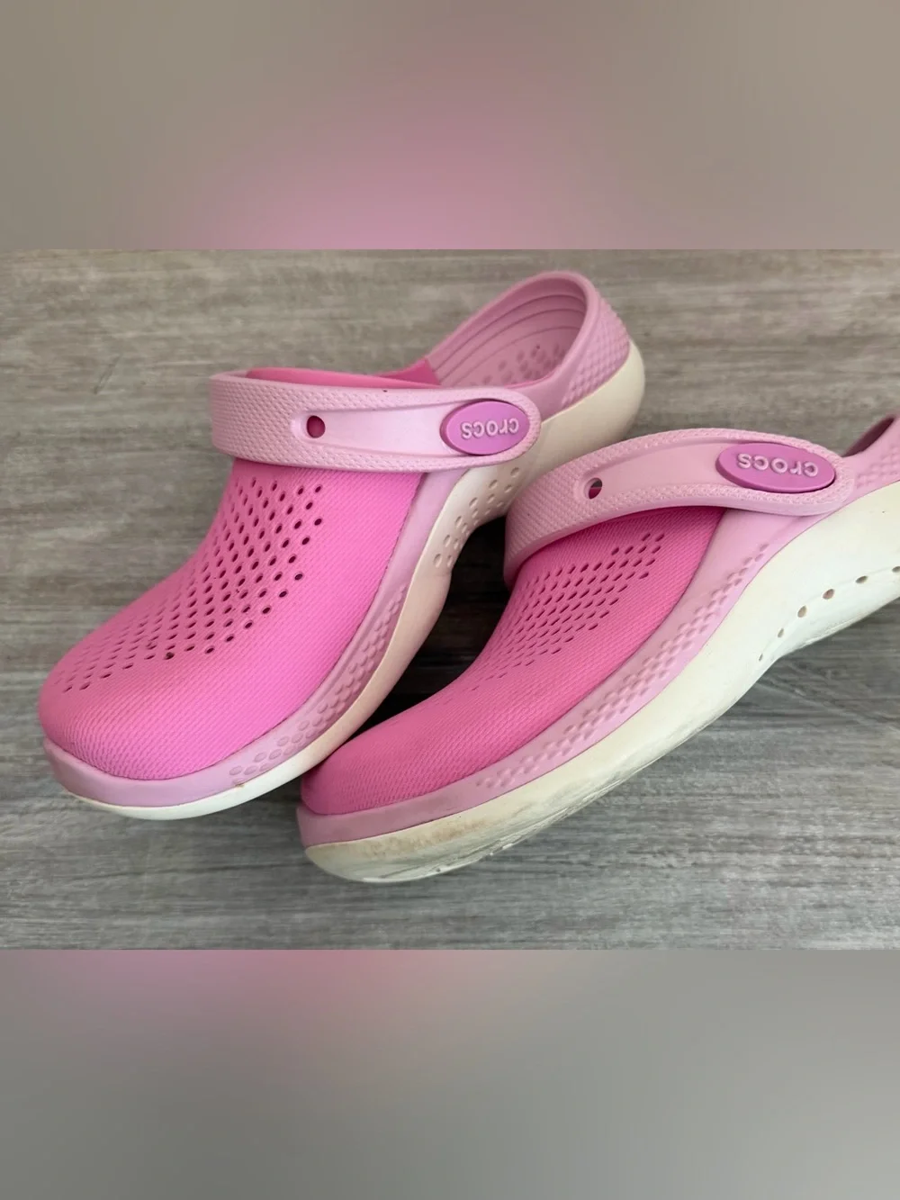 CROCS Kids Pink Ventilated Lite Ride Clogs Shoes Back Strap Traction 2